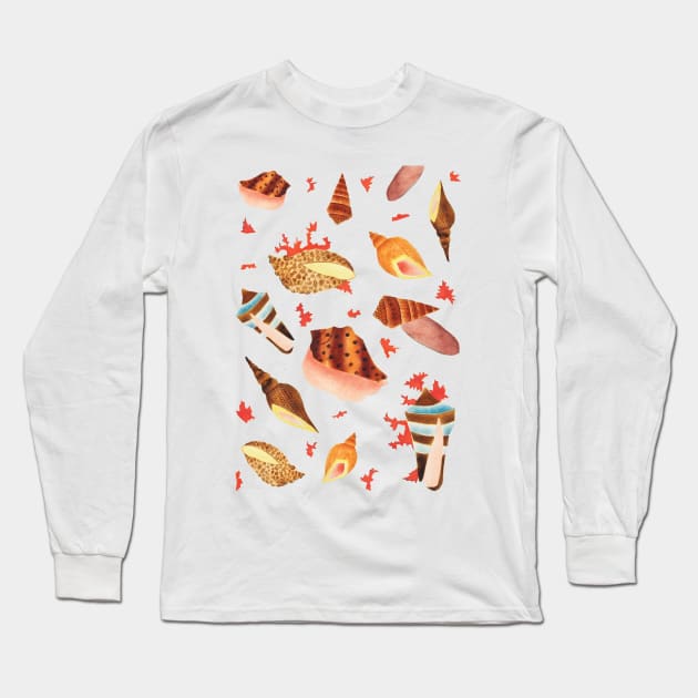 Blue Ocean Seashell Pattern Long Sleeve T-Shirt by KewaleeTee